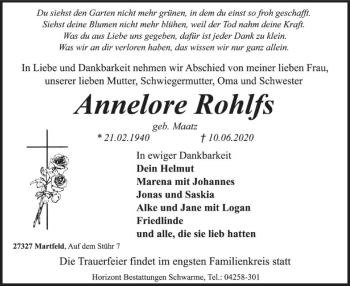 Traueranzeige von Annelore Rohlfs von SYK