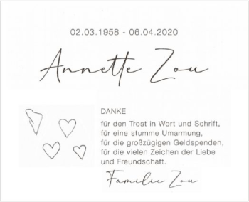 Traueranzeige von Annette Zou von SYK