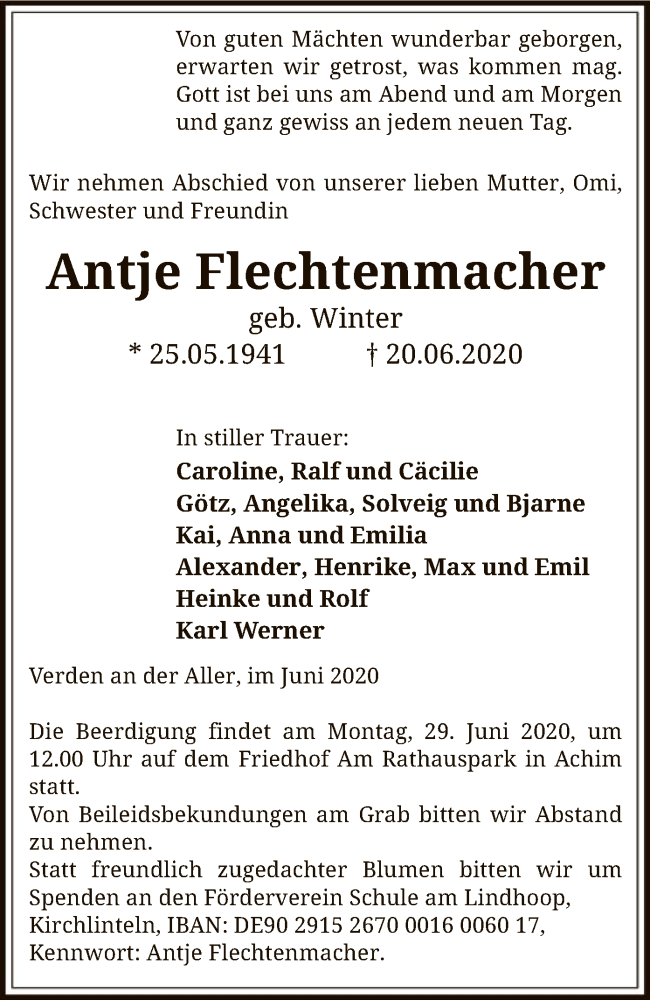  Traueranzeige für Antje Flechtenmacher vom 24.06.2020 aus SYK