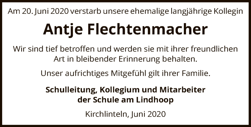  Traueranzeige für Antje Flechtenmacher vom 26.06.2020 aus SYK