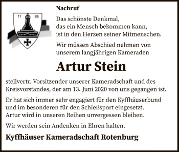 Traueranzeige von Artur Stein von SYK