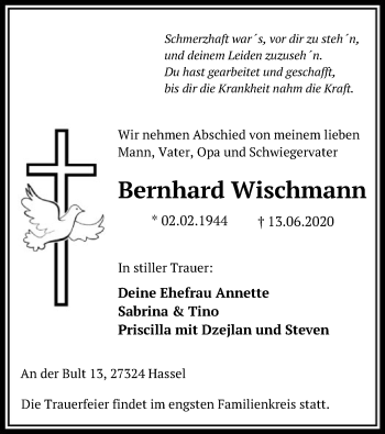 Traueranzeige von Bernhard Wischmann von SYK