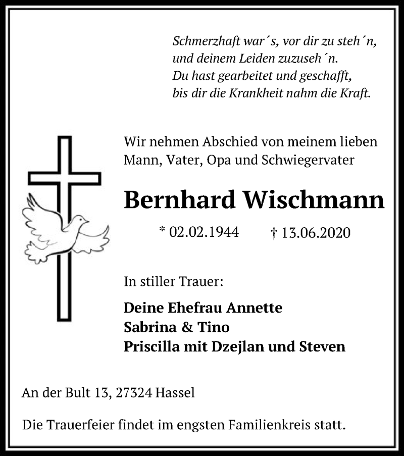  Traueranzeige für Bernhard Wischmann vom 17.06.2020 aus SYK