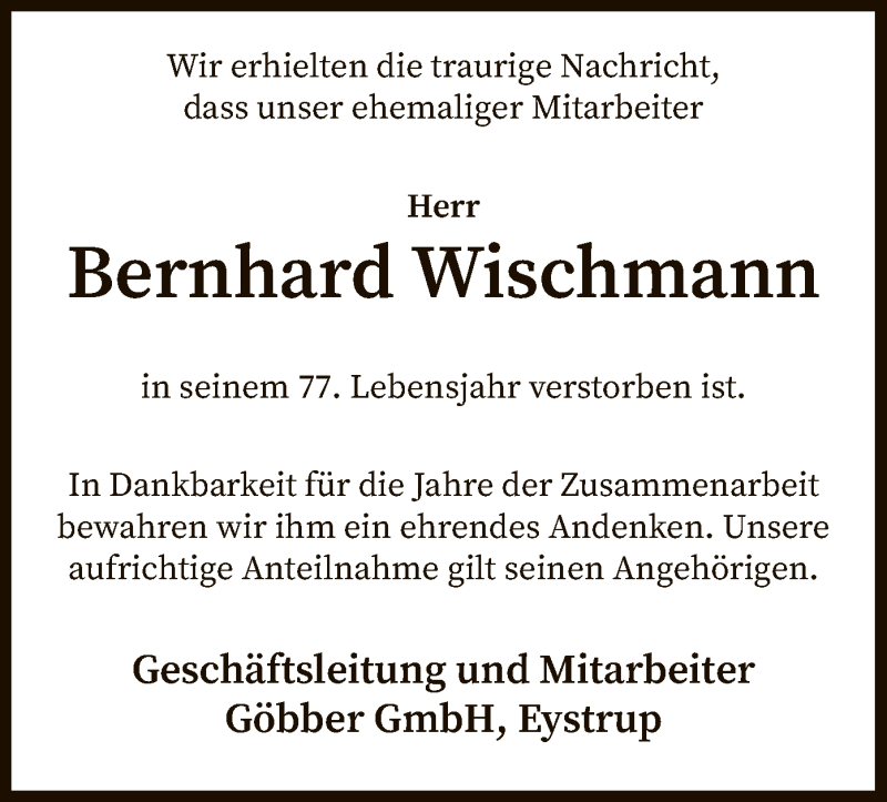  Traueranzeige für Bernhard Wischmann vom 18.06.2020 aus SYK