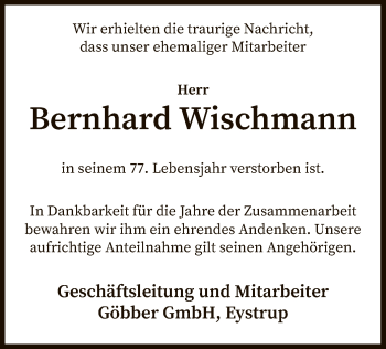 Traueranzeige von Bernhard Wischmann von SYK