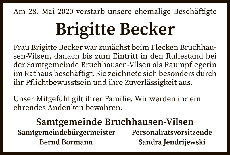  Traueranzeige für Brigitte Becker vom 10.06.2020 aus SYK