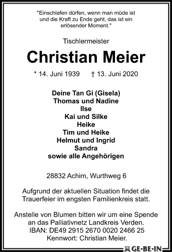 Traueranzeige von Christian Meier von SYK