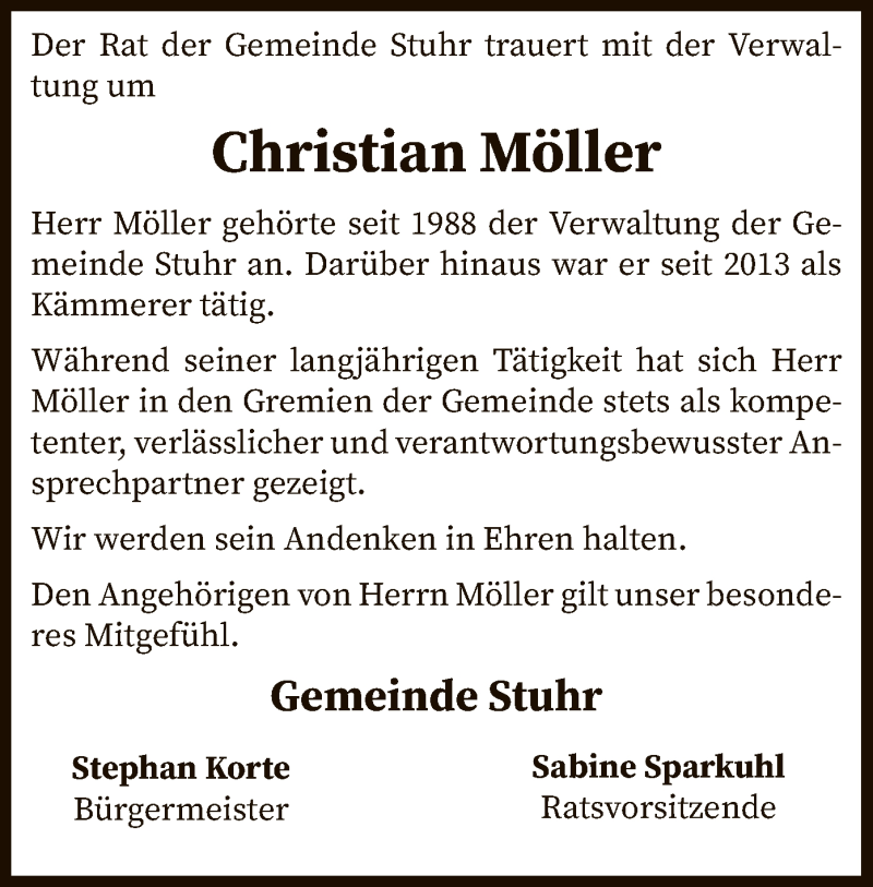  Traueranzeige für Christian Möller vom 20.06.2020 aus SYK