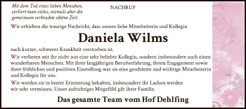 Traueranzeige von Daniela Wilms von SYK