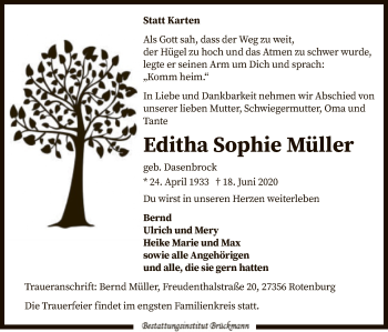Traueranzeige von Editha Sophie Müller von SYK