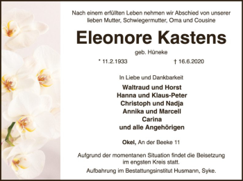 Traueranzeige von Eleonore Kastens von SYK