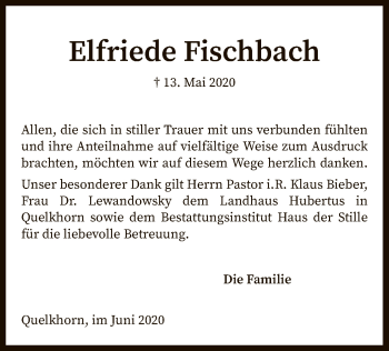 Traueranzeige von Elfriede Fischbach von SYK