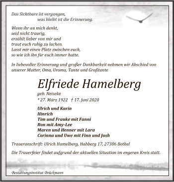 Traueranzeige von Elfriede Haamelberg von SYK