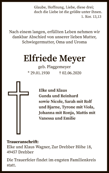 Traueranzeige von Elfriede Meyer von SYK