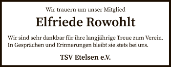 Traueranzeige von Elfriede Rowohlt von SYK