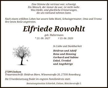 Traueranzeige von Elfriede Rowohlt von SYK