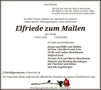 Traueranzeige von Elfriede zum Mallen von SYK