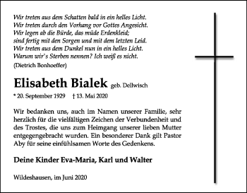 Traueranzeige von Elisabeth Bialek von SYK