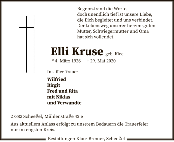 Traueranzeige von Elli Kruse von SYK