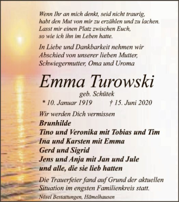 Traueranzeige von Emma Turowski von SYK