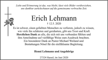 Traueranzeige von Erich Lehmann von SYK