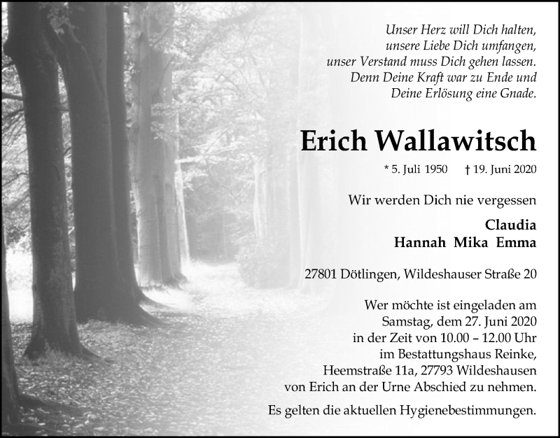  Traueranzeige für Erich Wallawitsch vom 25.06.2020 aus SYK