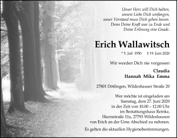 Traueranzeige von Erich Wallawitsch von SYK