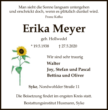 Traueranzeige von Erika Meyer von SYK