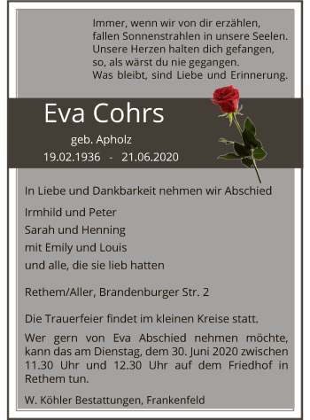 Traueranzeige von Eva Cohrs von SYK