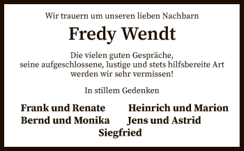 Traueranzeige von Fredy Wendt von SYK