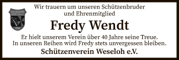 Traueranzeige von Fredy Wendt von SYK