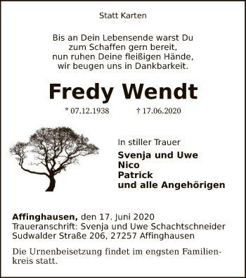 Traueranzeige von Fredy Wendt von SYK