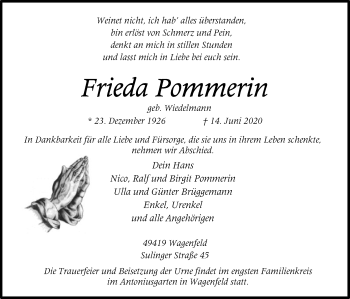 Traueranzeige von Frieda Pommerin von SYK