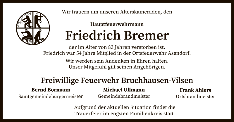  Traueranzeige für Friedrich Bremer vom 27.06.2020 aus SYK