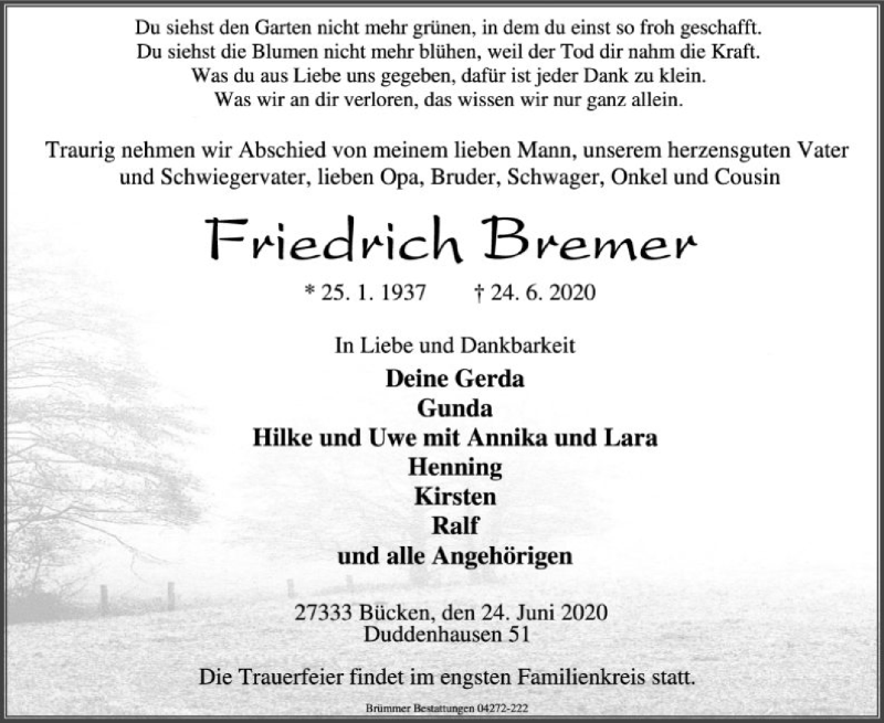  Traueranzeige für Friedrich Bremer vom 27.06.2020 aus SYK