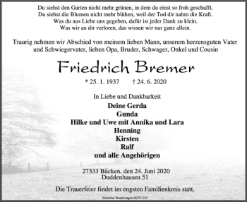 Traueranzeige von Friedrich Bremer von SYK