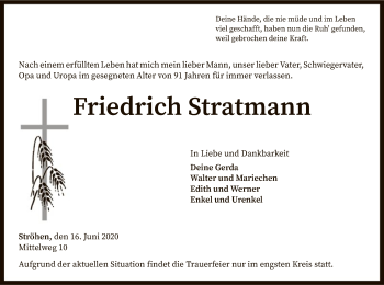 Traueranzeige von Friedrich Stratmann von SYK