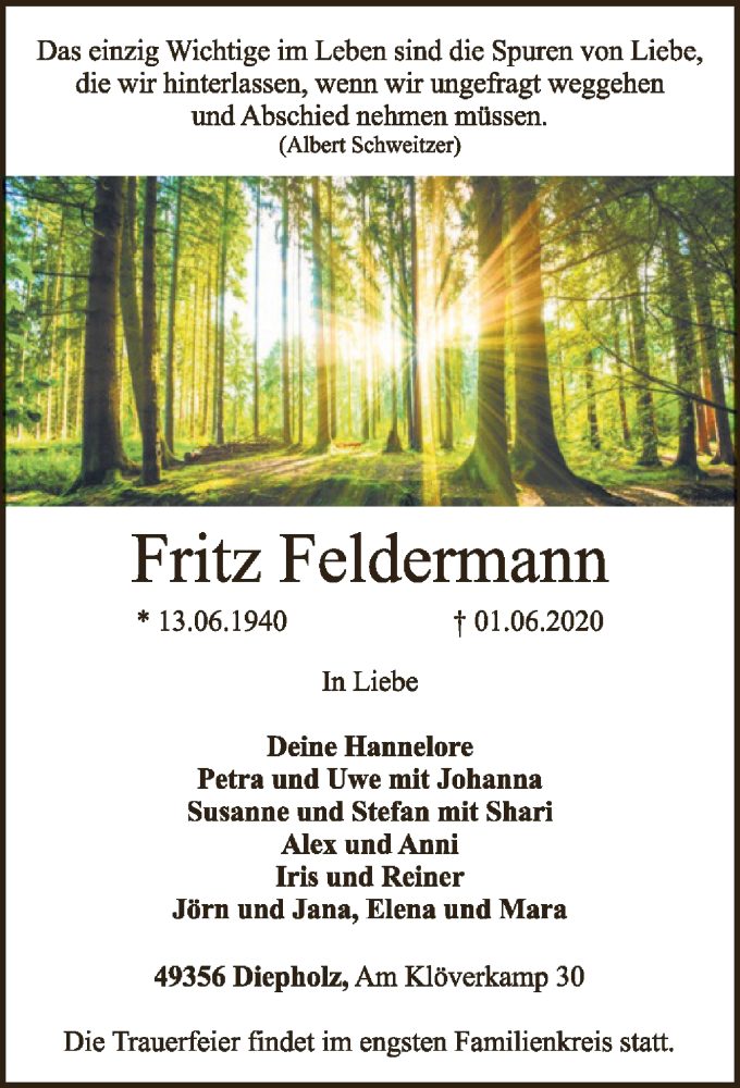  Traueranzeige für Fritz Feldermann vom 03.06.2020 aus SYK