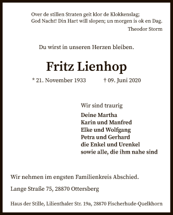 Traueranzeige von Fritz Lienhop von SYK