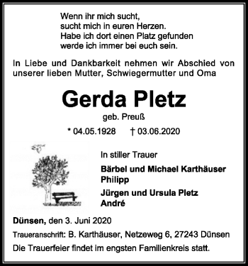 Traueranzeige von Gerda Pletz von SYK