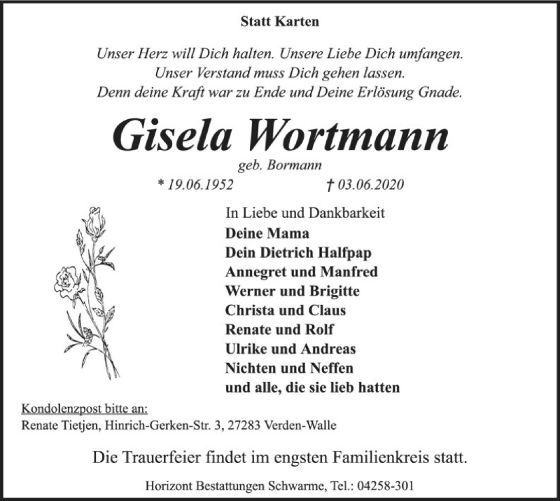  Traueranzeige für Gisela Wortmann vom 06.06.2020 aus SYK
