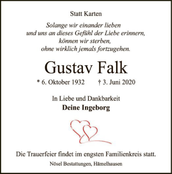 Traueranzeige von Gustav Falk von SYK