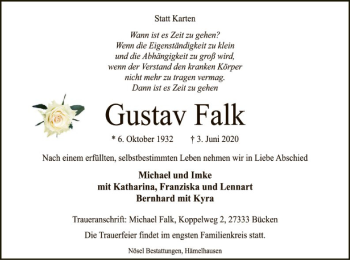 Traueranzeige von Gustav Falk von SYK