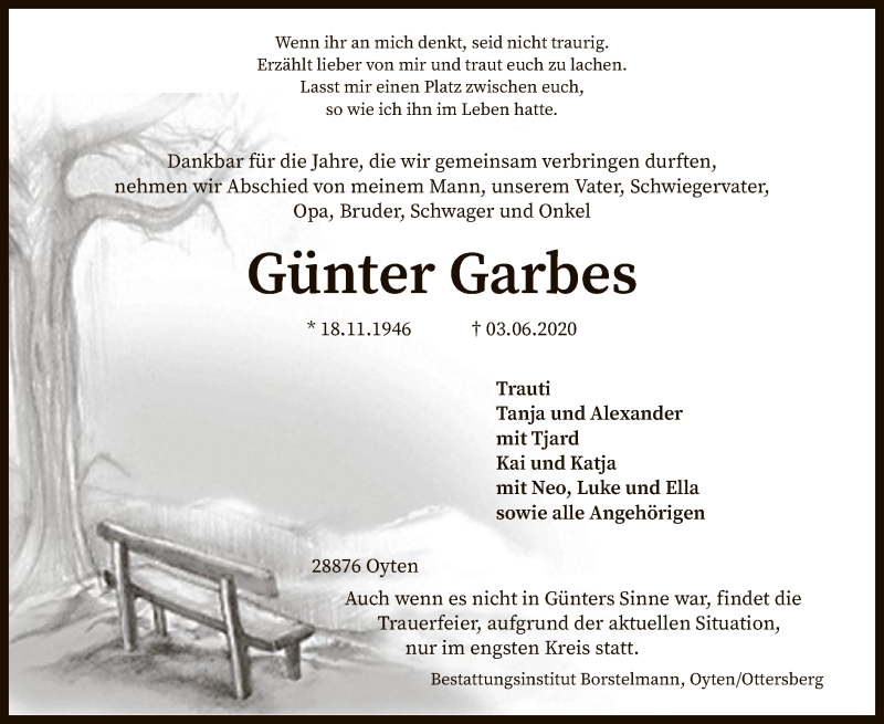  Traueranzeige für Günter Garbes vom 06.06.2020 aus SYK