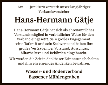 Traueranzeige von Hans-Hermann Gätje von SYK