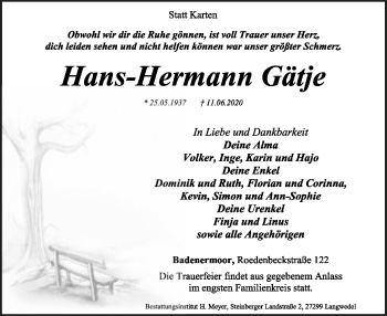 Traueranzeige von Hans-Hermann Gätje von SYK