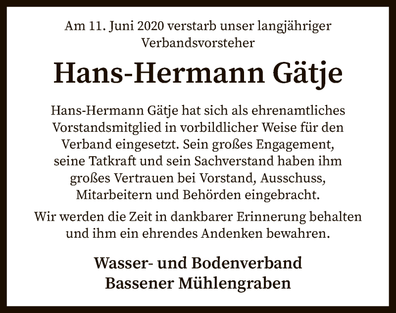  Traueranzeige für Hans-Hermann Gätje vom 16.06.2020 aus SYK