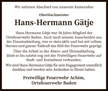 Traueranzeige von Hans-Hermann Gätje von SYK