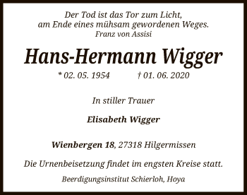 Traueranzeige von Hans-Hermann Wigger von SYK