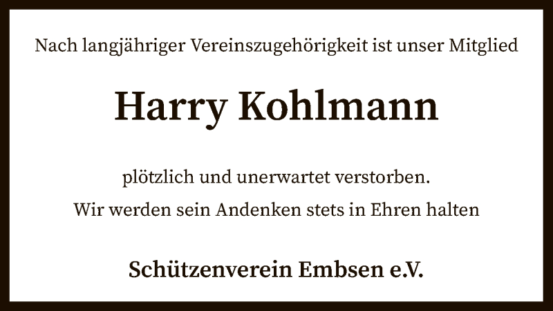  Traueranzeige für Harry Kohlmann vom 11.06.2020 aus SYK